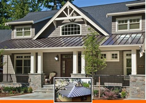 grey house exterior paint with metal roof wood posts|houses with gray roof paint.